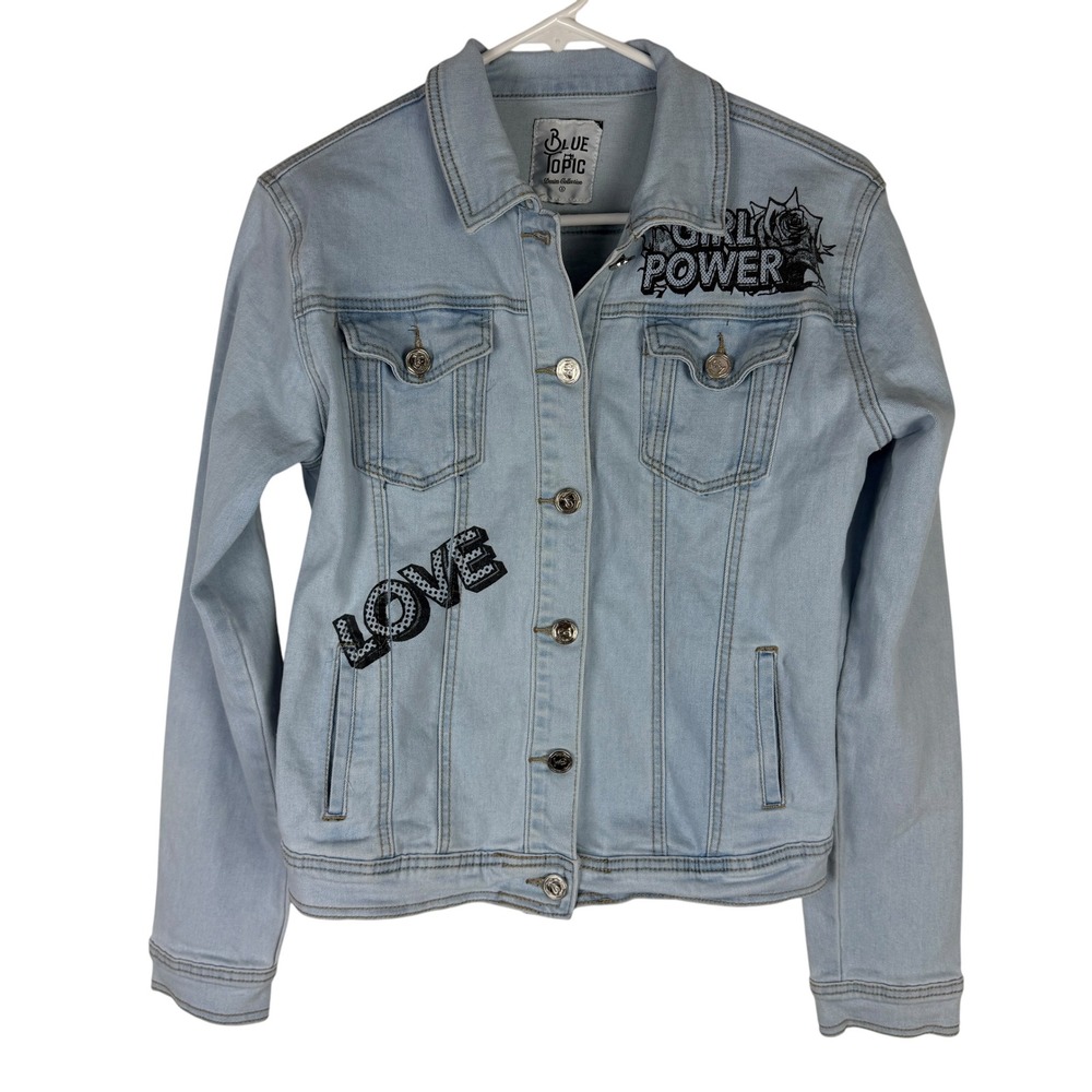 Blue Topic Women's Small Girl Power Comic Graphic Denim Jacket Light Wash - Picture 7 of 12
